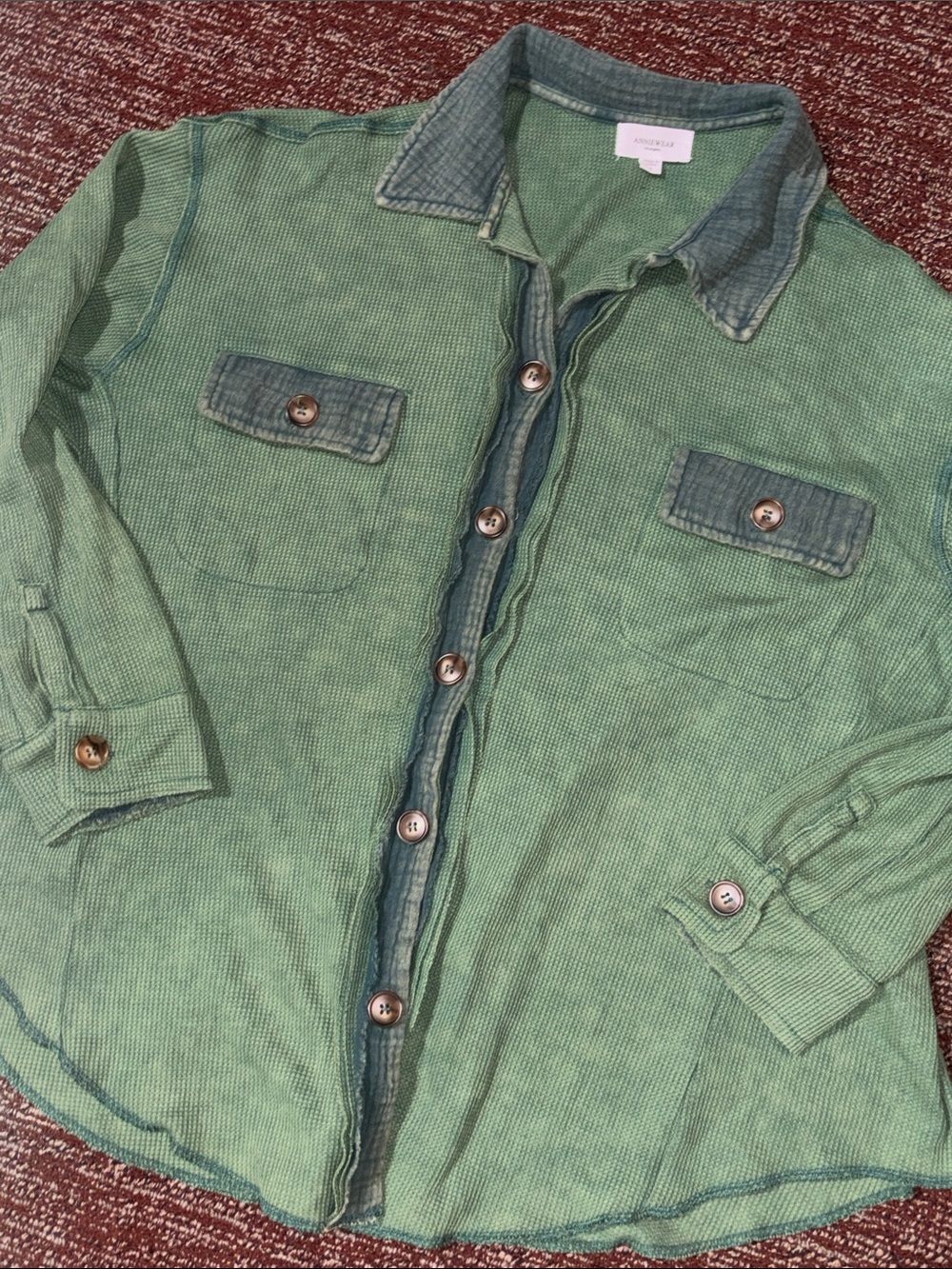 Anniewear waffle knit mineral wash slouchy relaxed button down shirt casual SM